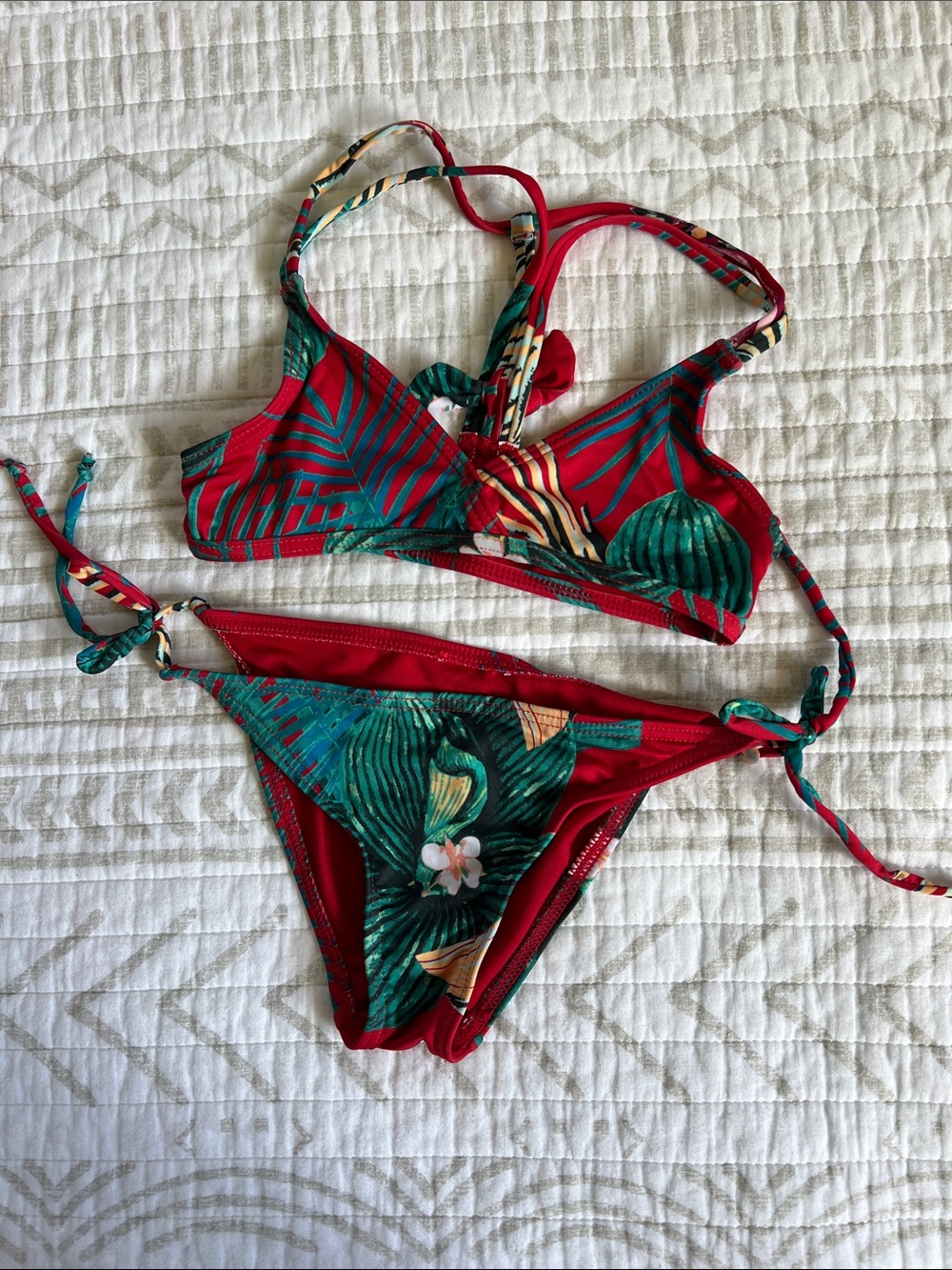 Roxy Red Tropical Leaf Print Bikini Set